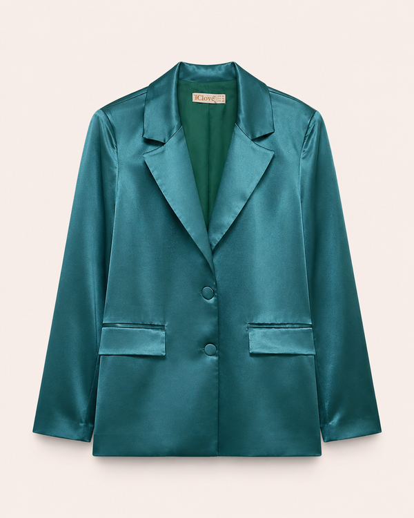 Blazer satiné vert canard coupe structurée vue de face — Zalimi Sénégal