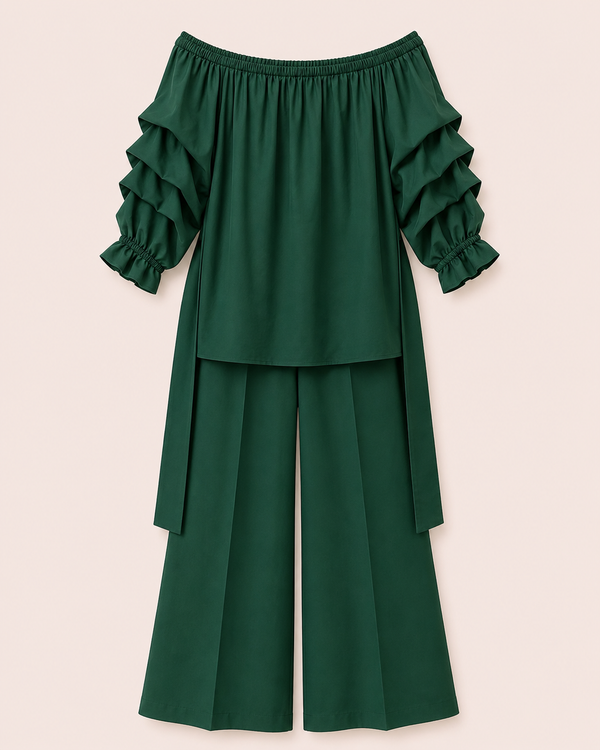 Ensemble 2 pièces vert forêt top bardot volants et pantalon large — Zalimi Dakar