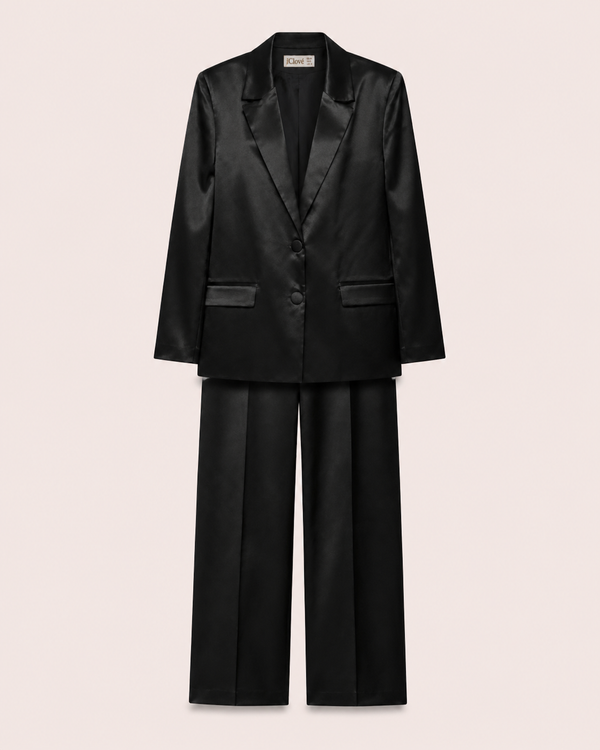 Ensemble Tailleur Satiné Noir — Blazer & Pantalon Palazzo