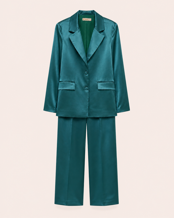 Ensemble tailleur satiné vert canard blazer et pantalon palazzo — Zalimi Sénégal