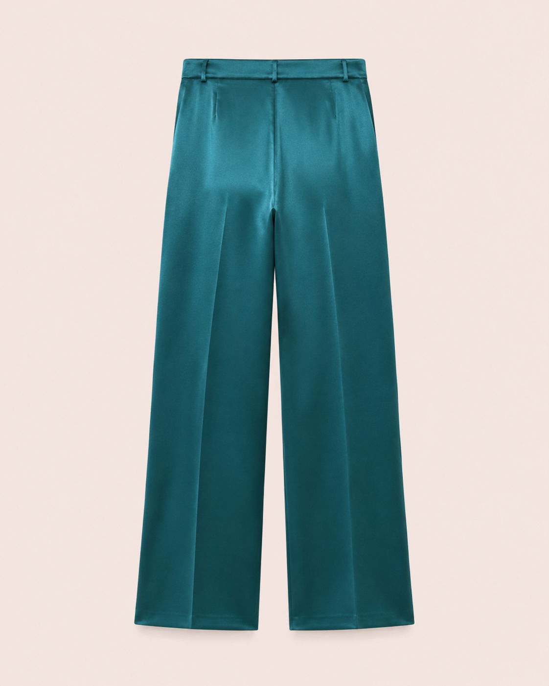 Pantalon palazzo satiné vert canard vue de dos jambe large — Zalimi