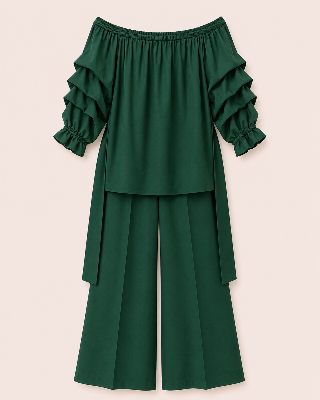 Ensemble 2 pièces vert forêt top bardot volants et pantalon large — Zalimi Dakar