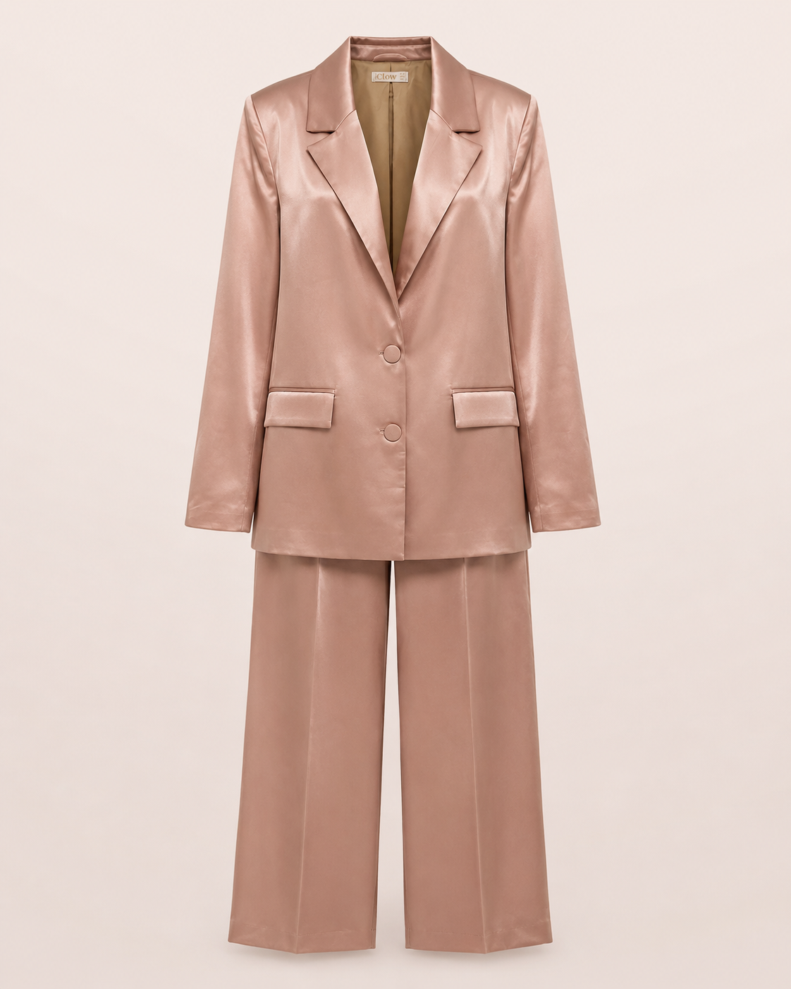 Ensemble Tailleur Satiné Rose Poudré — Blazer & Pantalon Palazzo