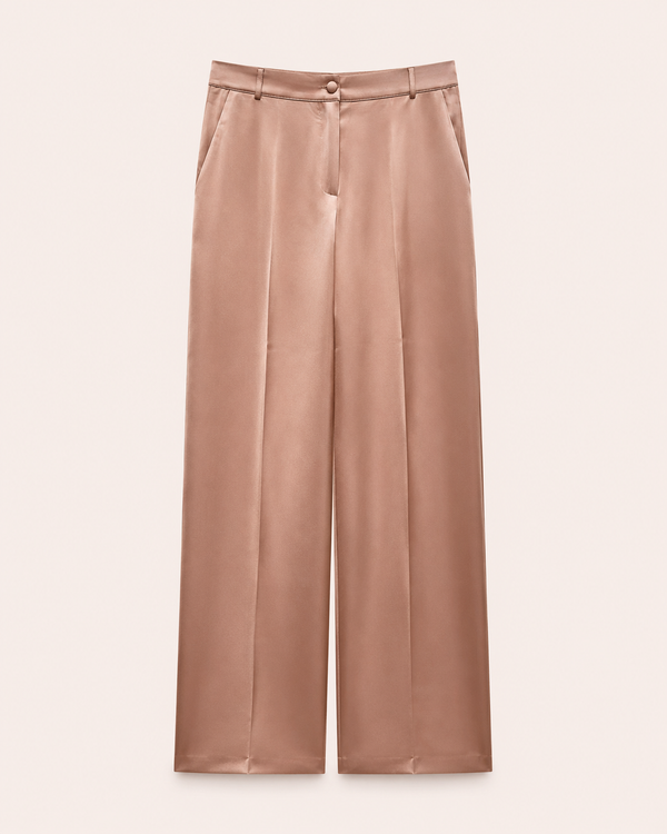 Pantalon palazzo satiné rose poudré taille haute jambe large face avant — Zalimi Dakar