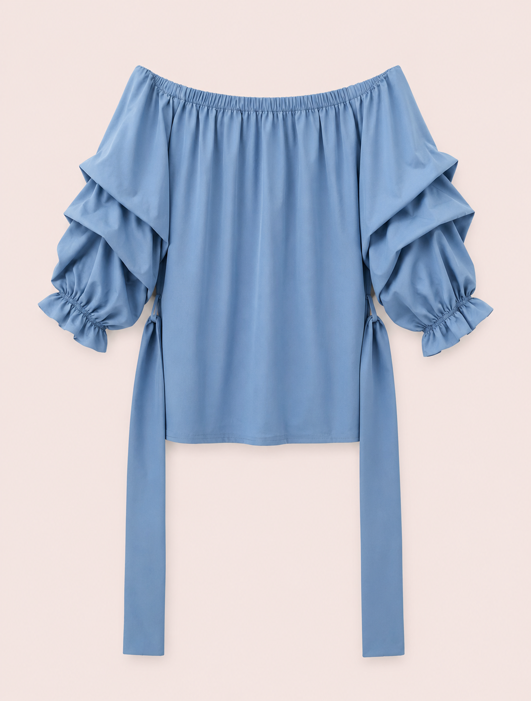 Top bleu ciel femme épaules dénudées à volants