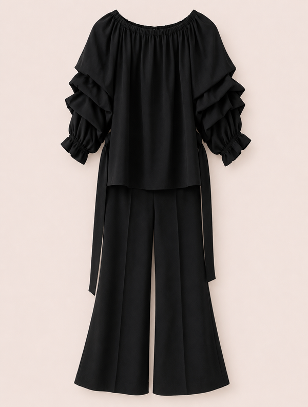 Ensemble 2 pièces noir femme avec top épaules dénudées et pantalon large – Zalimi Dakar