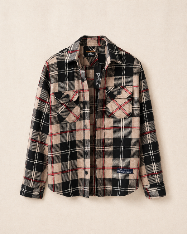 Chemise à carreaux flanelle épaisse beige noir rouge vue de face — Zalimi