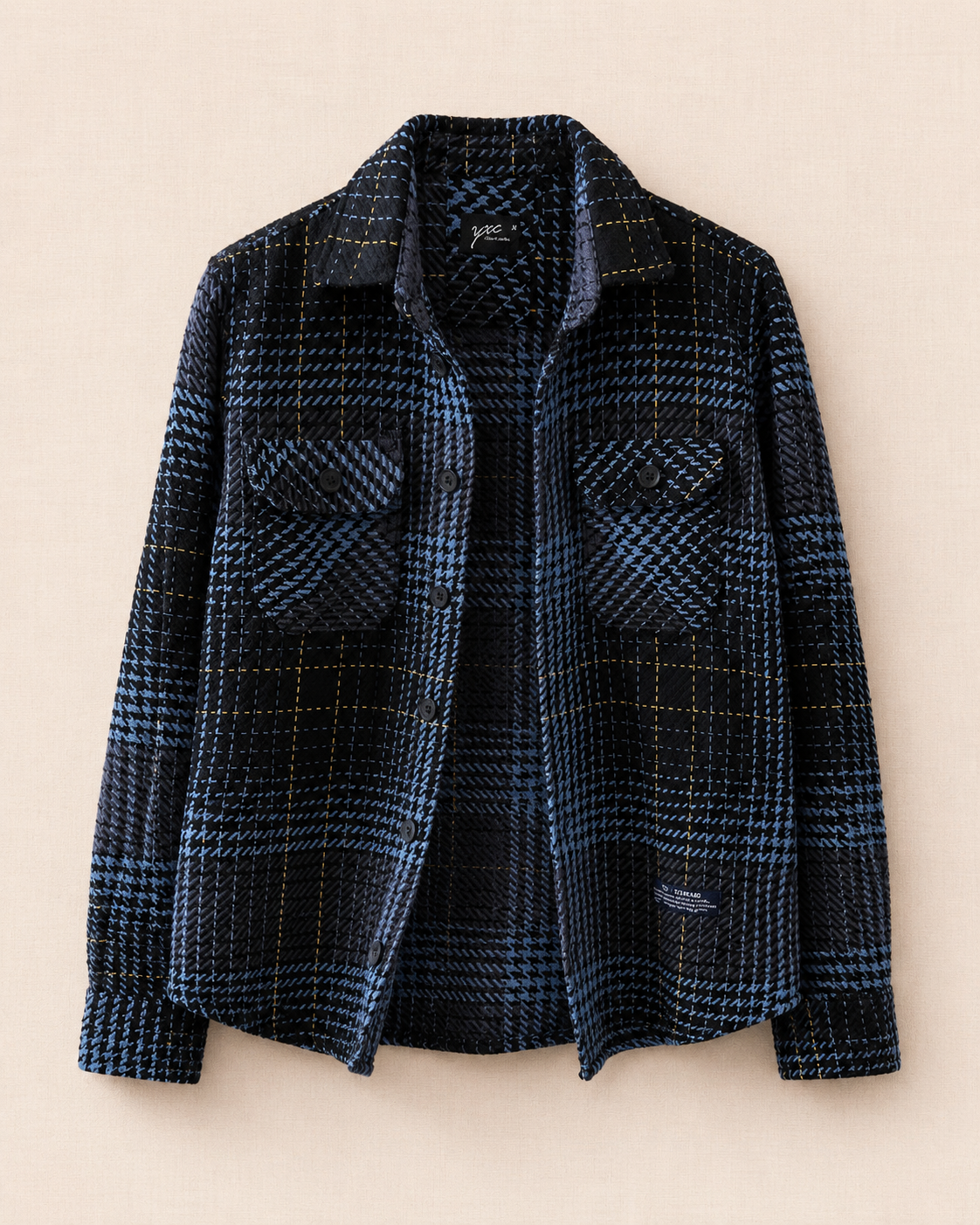 Chemise veste pied-de-poule bleu nuit noir vue de face — Zalimi Sénégal
