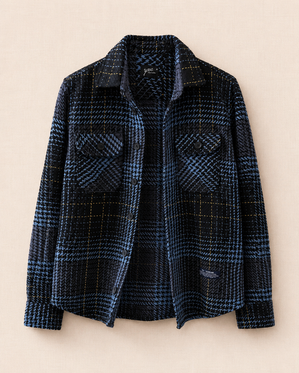 Chemise veste pied-de-poule bleu nuit noir vue de face — Zalimi Sénégal