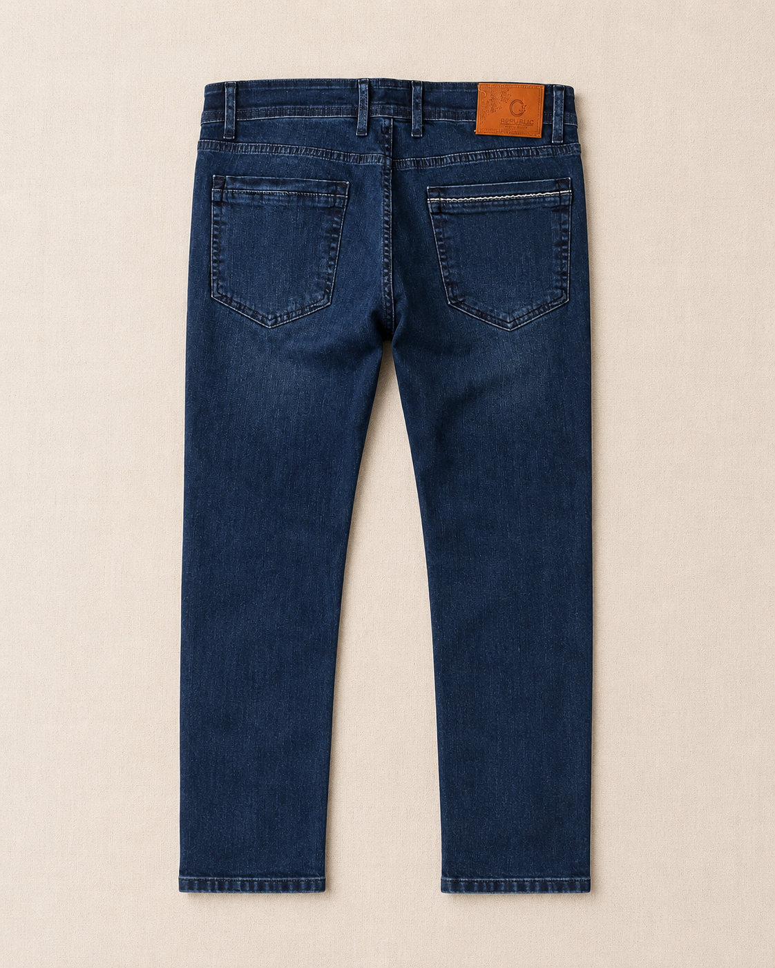 Jean slim bleu marine dos patch cuir cognac — Zalimi