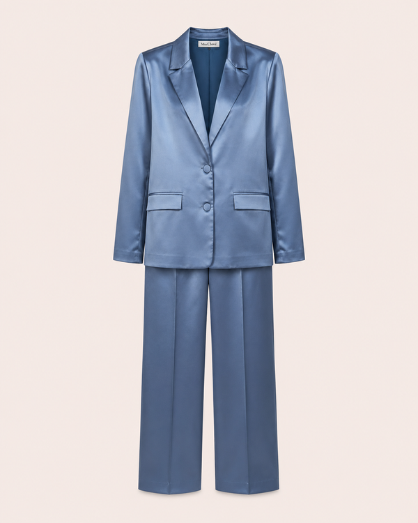 Ensemble Tailleur Satiné Bleu Acier — Blazer & Pantalon Palazzo
