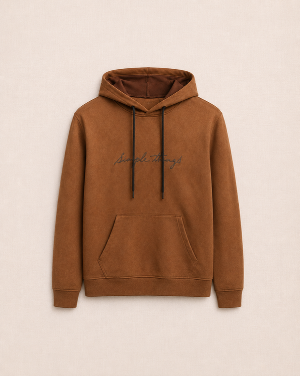 Sweat à capuche caramel tissu doux vue de face inscription Simple Things — Zalimi