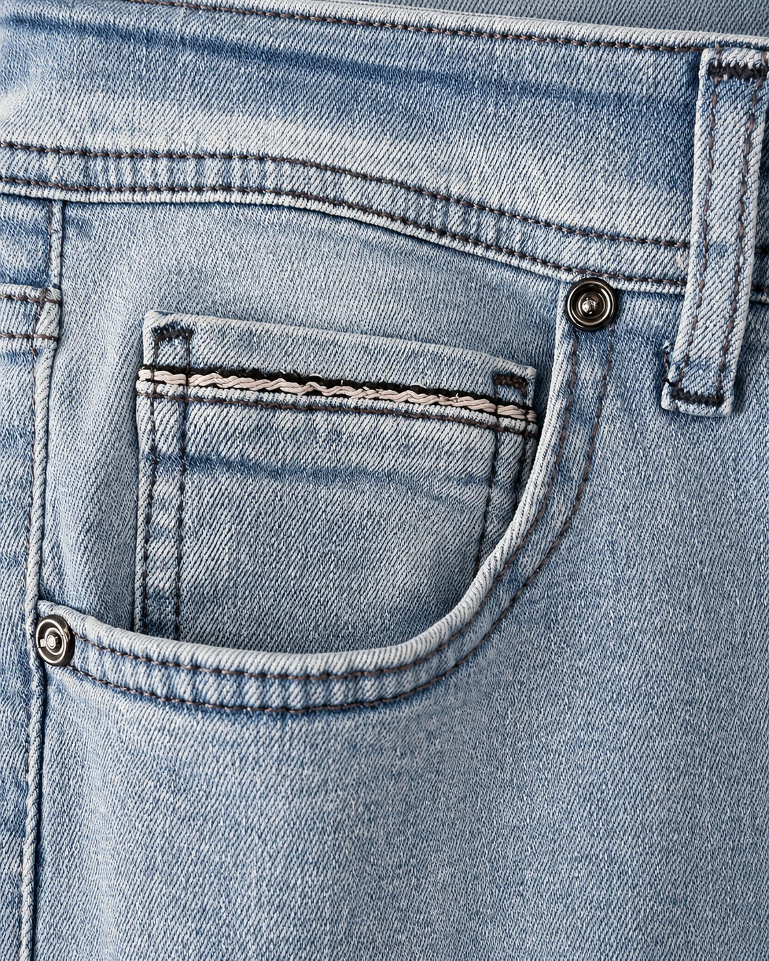 Détail poche avant jean slim bleu délavé surpiqûres — Zalimi