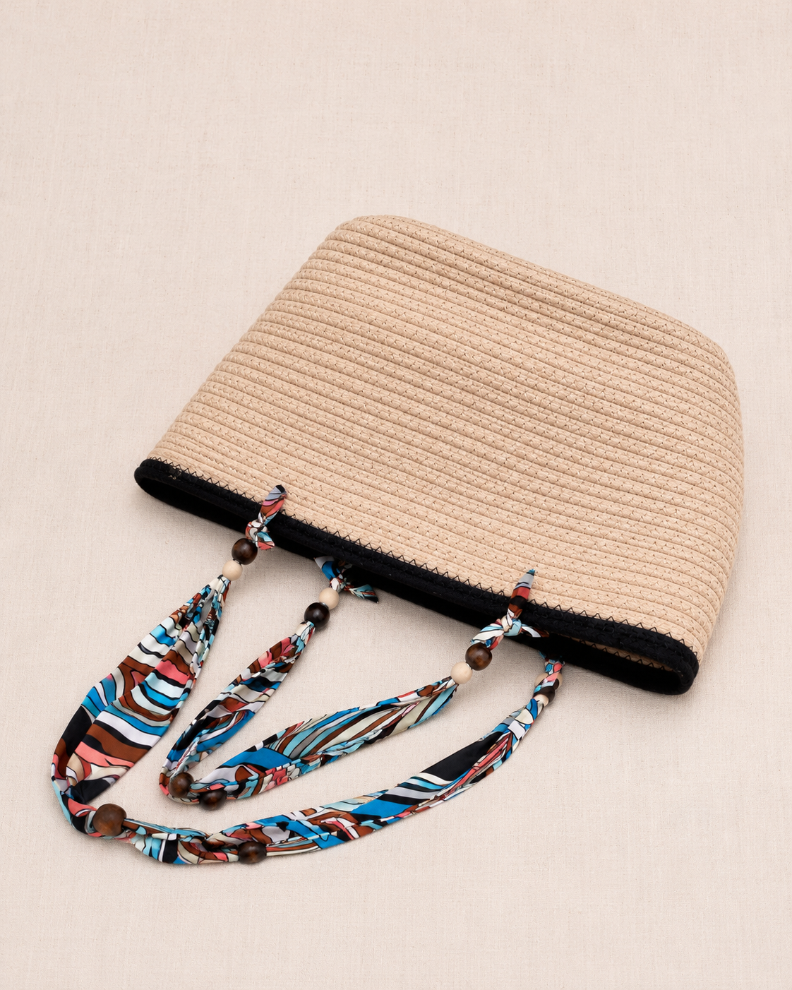 Sac panier beige à plat anses tissu wax multicolore — Zalimi