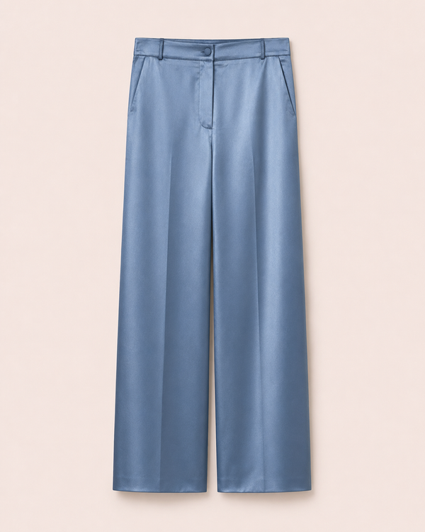 Pantalon palazzo satiné bleu acier taille haute vue de face — Zalimi Sénégal