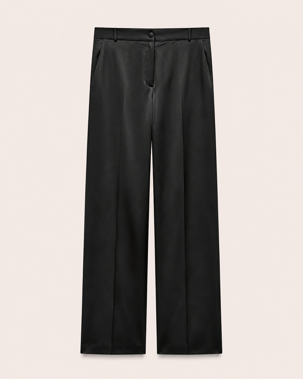 Pantalon palazzo satiné noir taille haute vue de face — Zalimi Sénégal